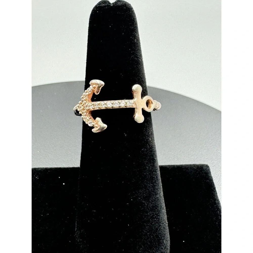 Sterling Silver 925 Rose Gold‎ Plated Pave CZ Anchor Nautical Mariner Ring 6.75